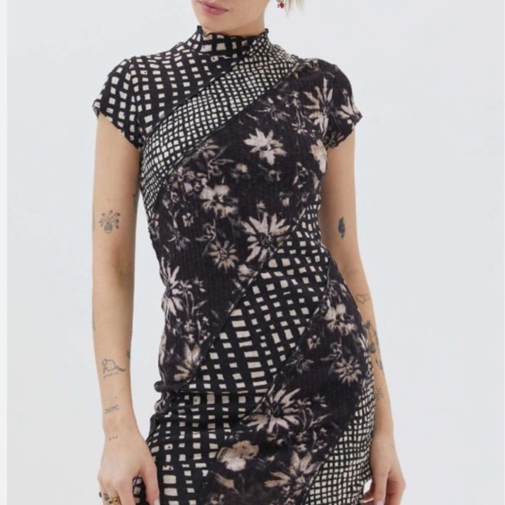 Urban outfitters patchwork body con dress with lettuce trim